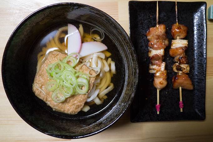 Kitsune udon and yakitori